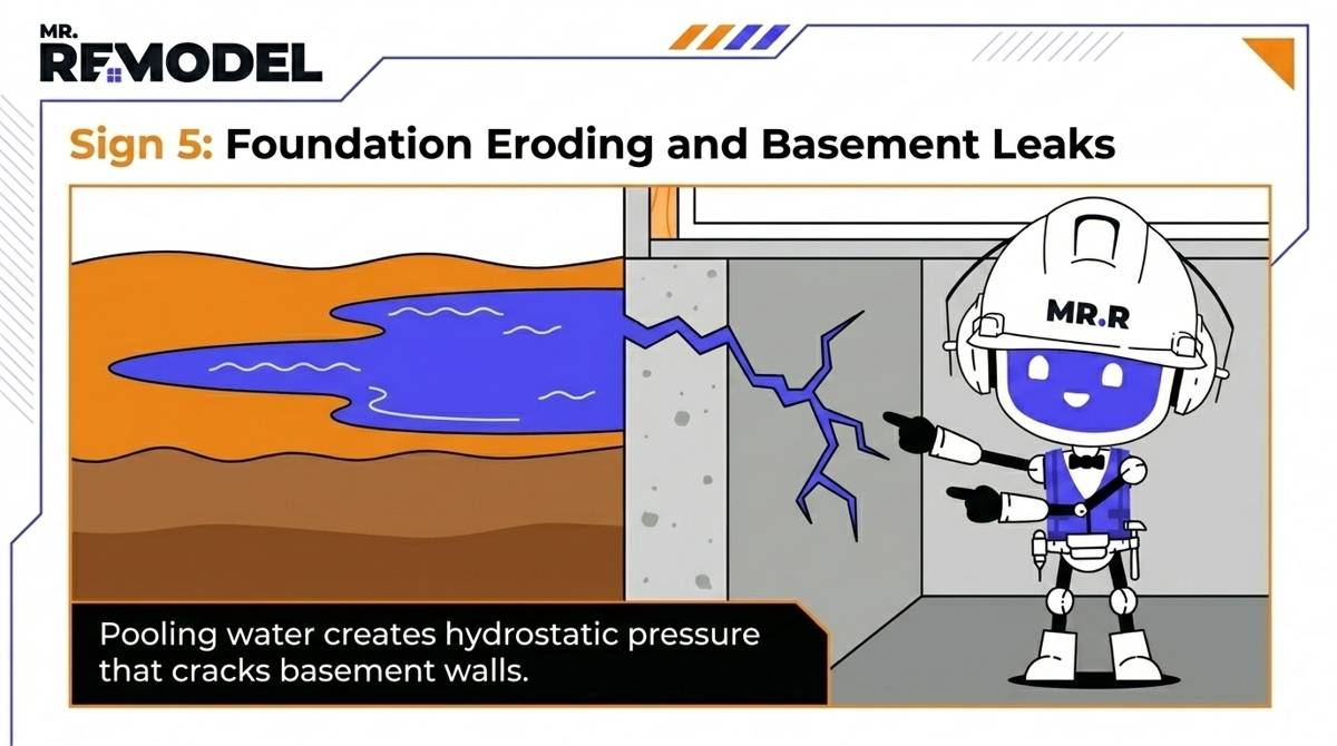 A cross-section diagram showing water pooling against the foundation exterior, causing Hydrostatic Pressure.